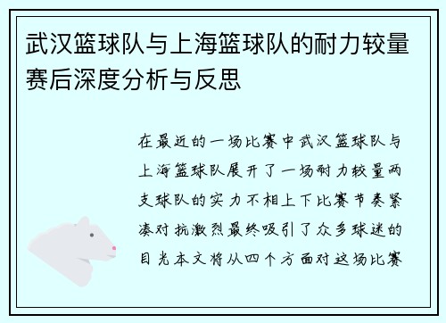 武汉篮球队与上海篮球队的耐力较量赛后深度分析与反思